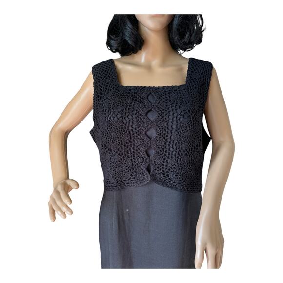 Vintage Cali Cali black Linen Crochet Sleeveless Maxi Dress button size 14 P - Picture 7 of 13